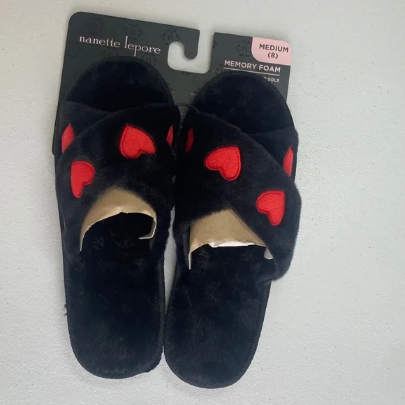 Nanette Lepore Black X band slipper with Red Heart Design pattern M 8 - Picture 7 of 14